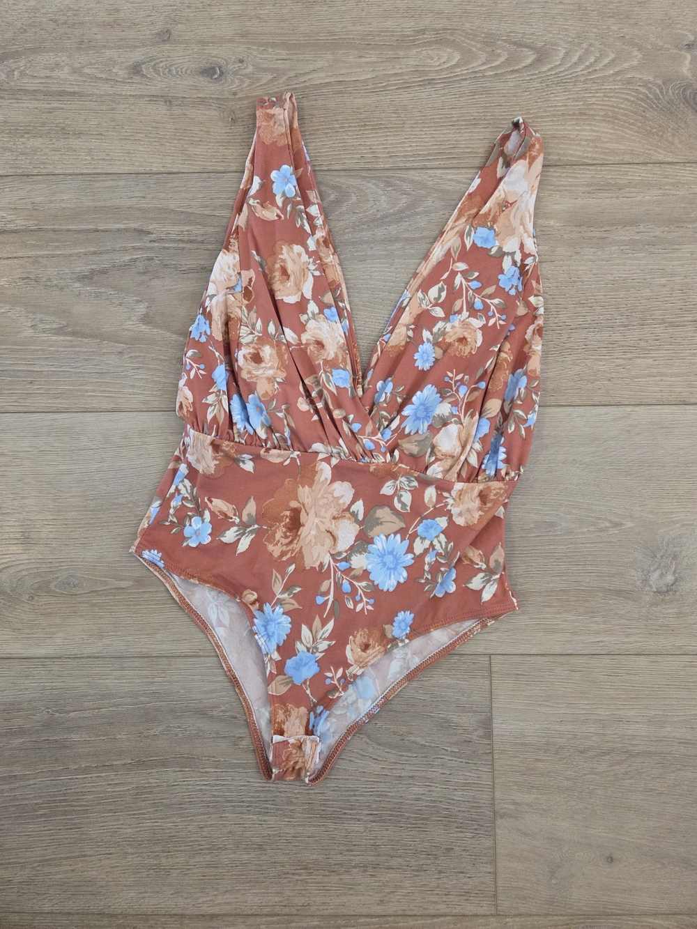 Floral Wrap-Front Bodysuit in Rust
